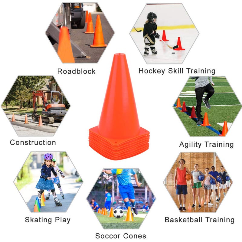 Fragraim 9 Inch Plastic Training Traffic Cones, Sport Cones, Agility Field Marker Cones for Soccer Basketball Football Drills Training, Outdoor Activity or Events - Set of 10, Orange - Image 5